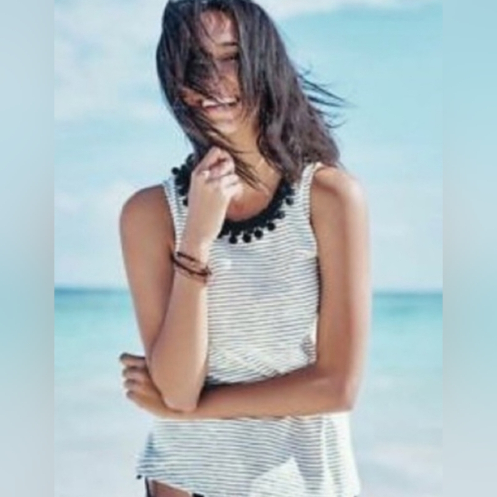 Boden White/Black Striped Pom Pom Accent Neck Line Sleeveless Swing Top - Picture 9 of 9